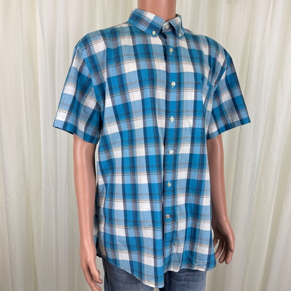 Men's Tommy Hilfiger Classic Fit Short Sleeve Plaid Shirt Blue Size XL - Picture 8 of 10